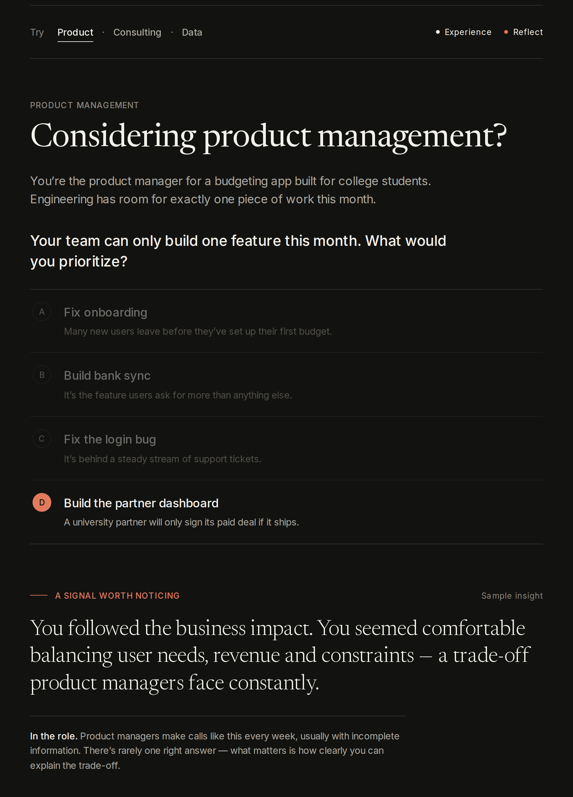 The live preview: ‘Considering product management?’ with four options, one chosen, and a sample insight below.