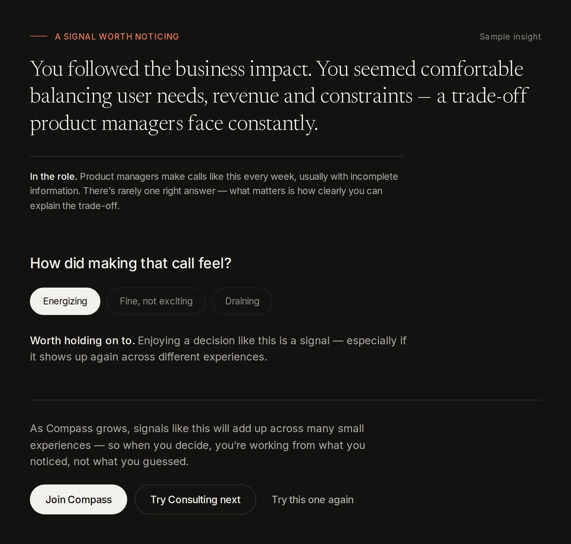 The live preview after choosing: the insight, the reflection question with Energizing selected, and buttons to join or try the next path.