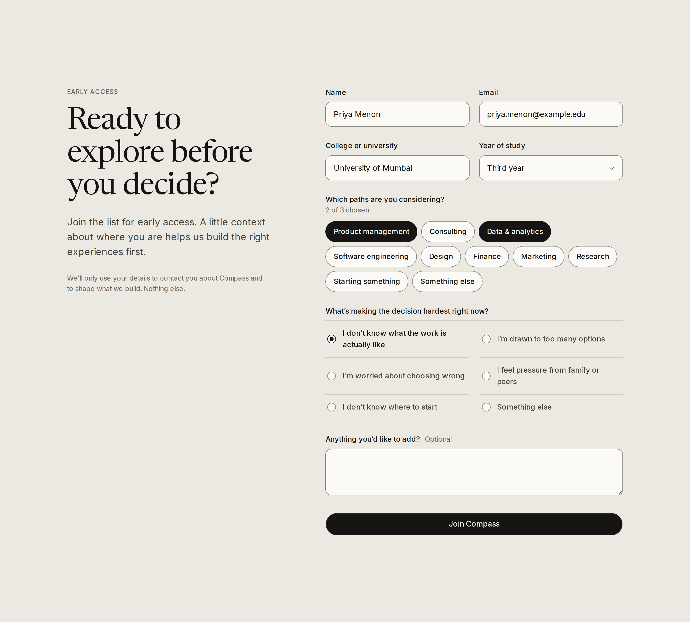 The early-access form with name, email, college, year, the paths being considered and the biggest challenge.