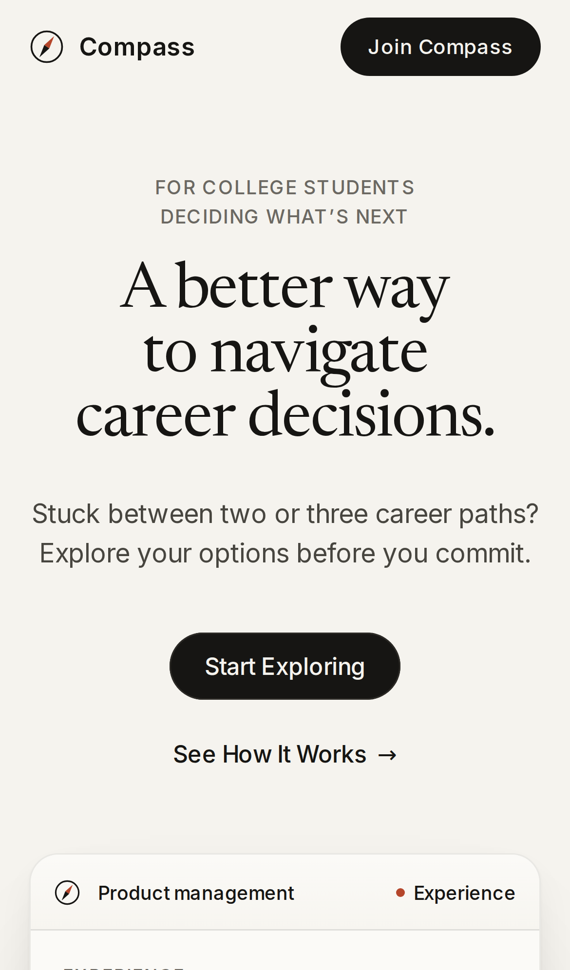 Compass on a phone: the headline, ‘Start Exploring’ and the product window.