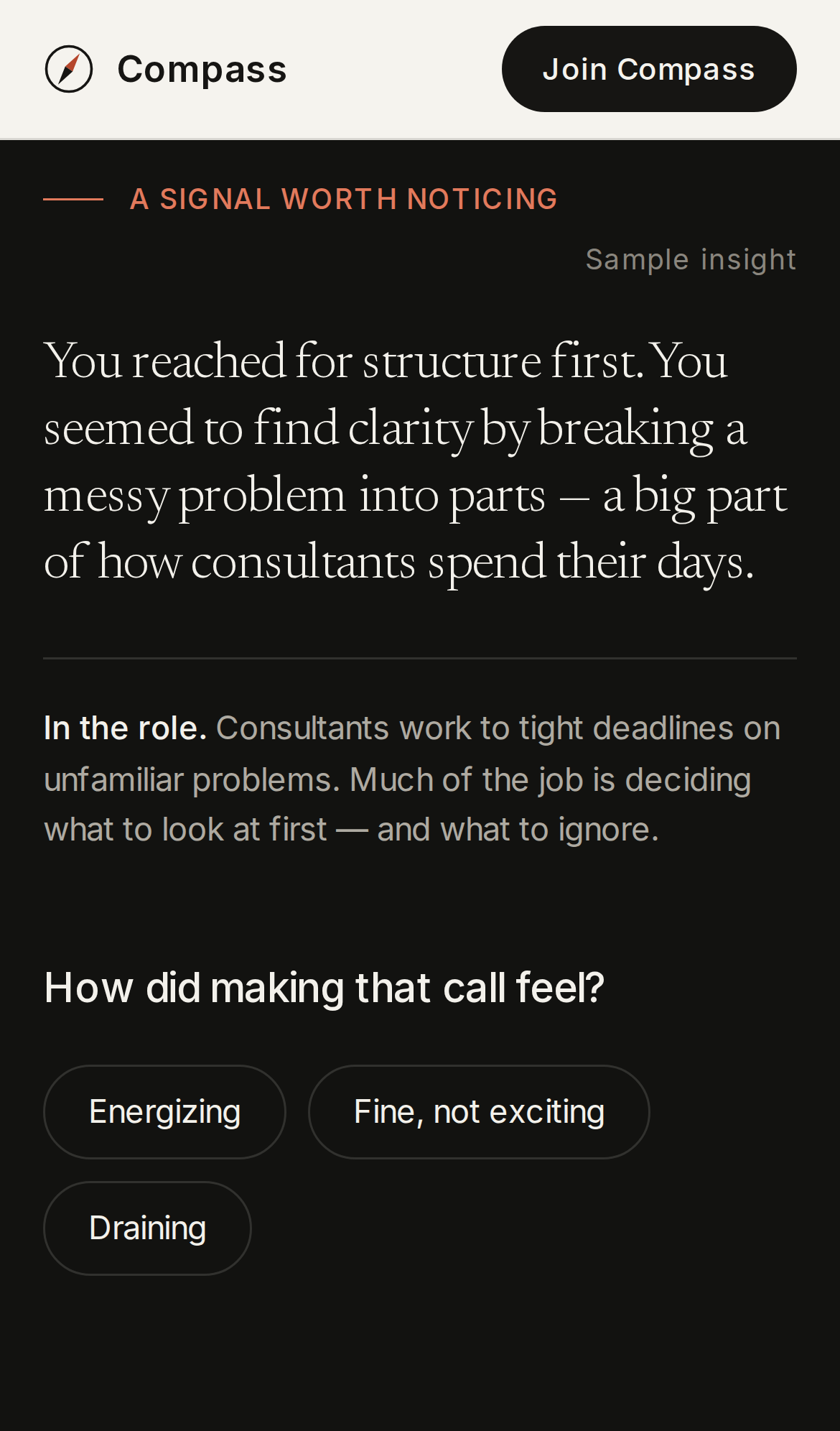 Compass on a phone: a consulting insight and the reflection question.