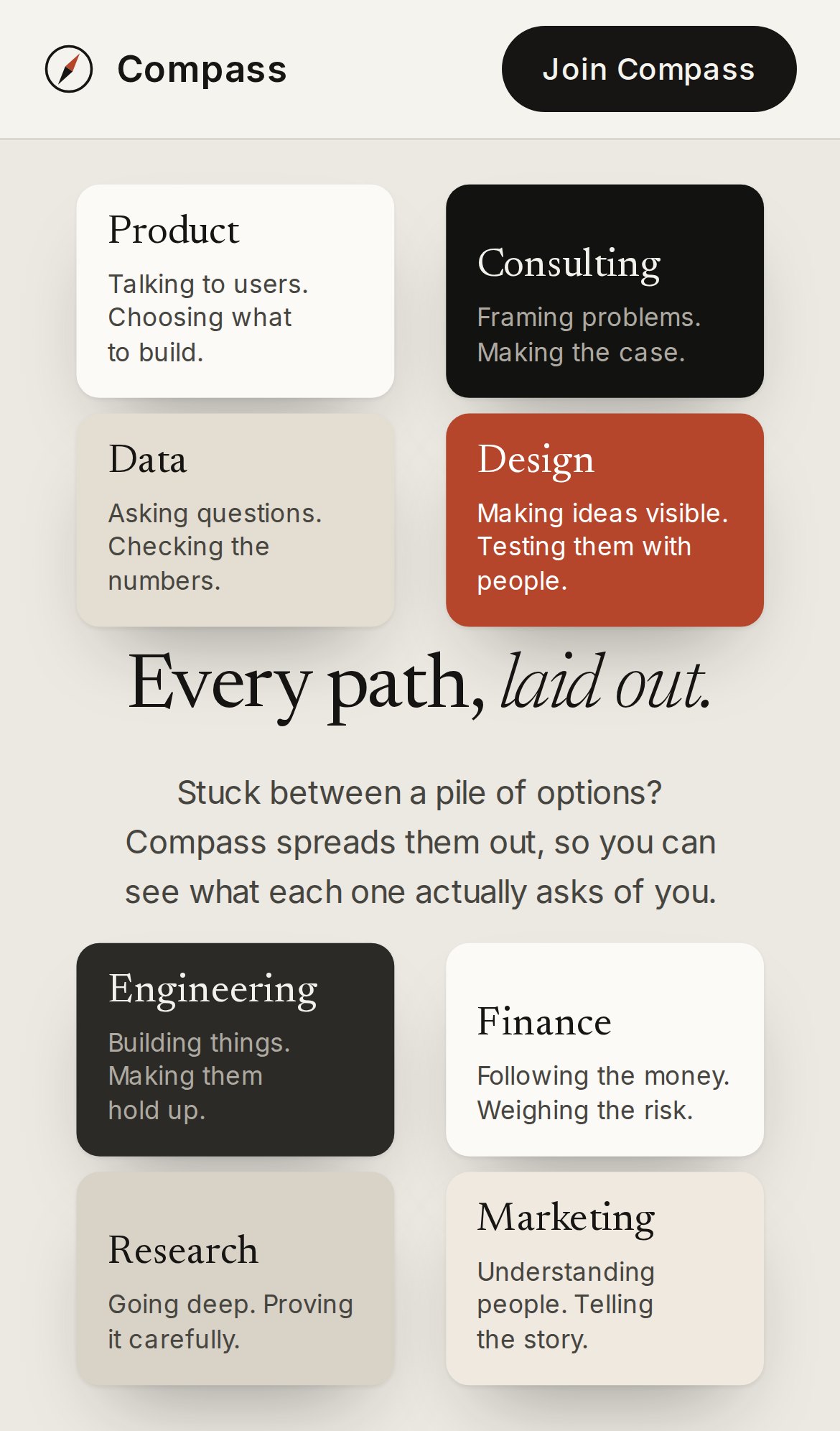 Compass on a phone: eight path cards in two columns around the headline.