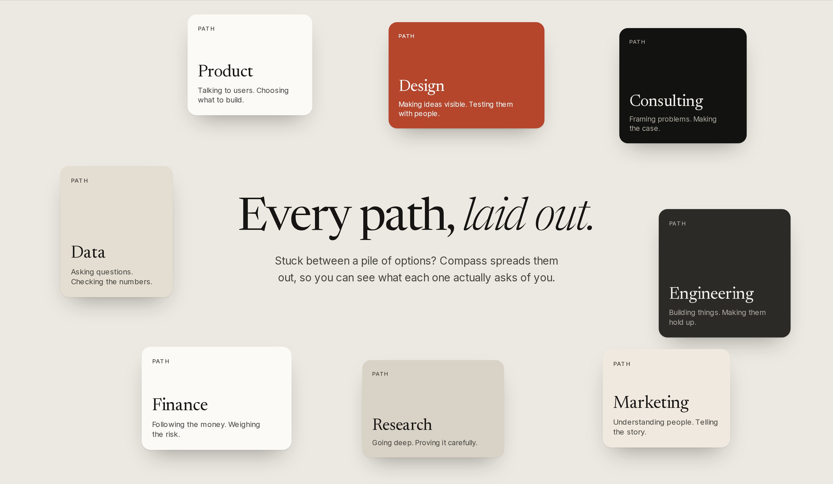 Eight career-path cards laid out around the headline ‘Every path, laid out.’